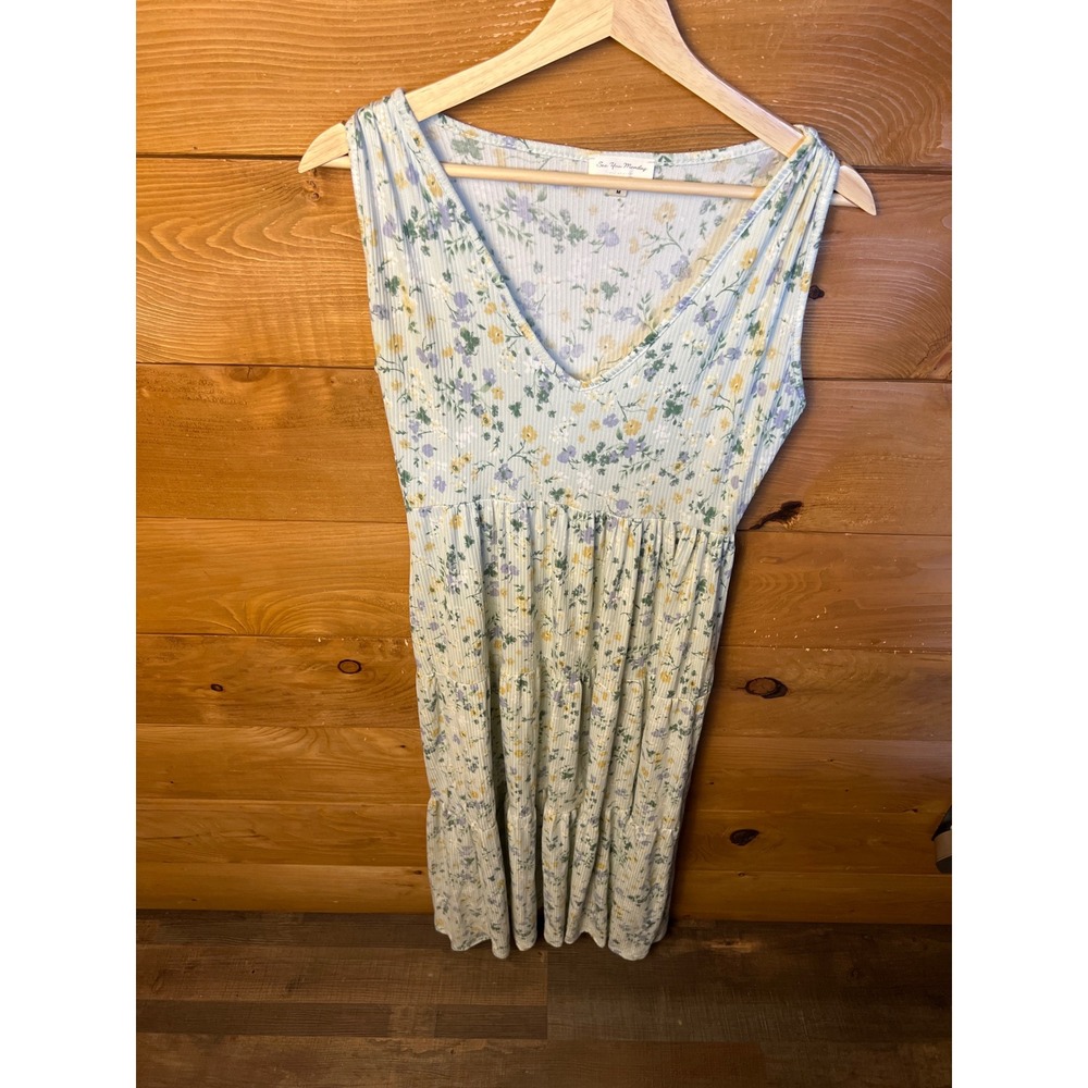 See You Monday Floral Dress Ribbed Sleeveless Casual Sundress Cottagecore Medium